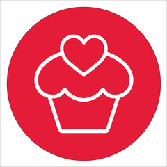 cupcake cake with heart white line icon on red circle