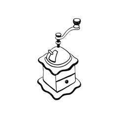 Coffee mill symbol isolated on white background. Kitchen utensil outline in cartoon style.