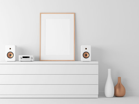 Poster Frame Mockup in white modern interior, Micro stereo System, 3d rendering