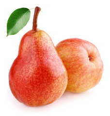 Two ripe red pear fruits with green pear leaf isolated on white background