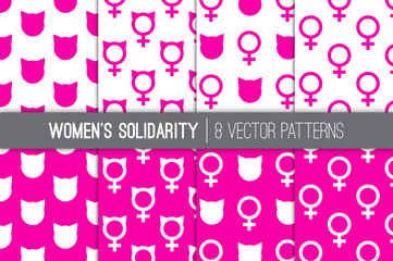 Women's Solidarity March Symbolic Political Patterns. Pink Cat Head and Ears and Venus Signs. Feminist Movement Symbols. Pattern Tile Swatches are Included in EPS10 Vector File. © Artefficient