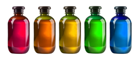 five cosmetic bottles