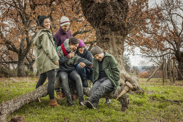 Young friends sit in a big trunk of a tree laughing. Autumn land