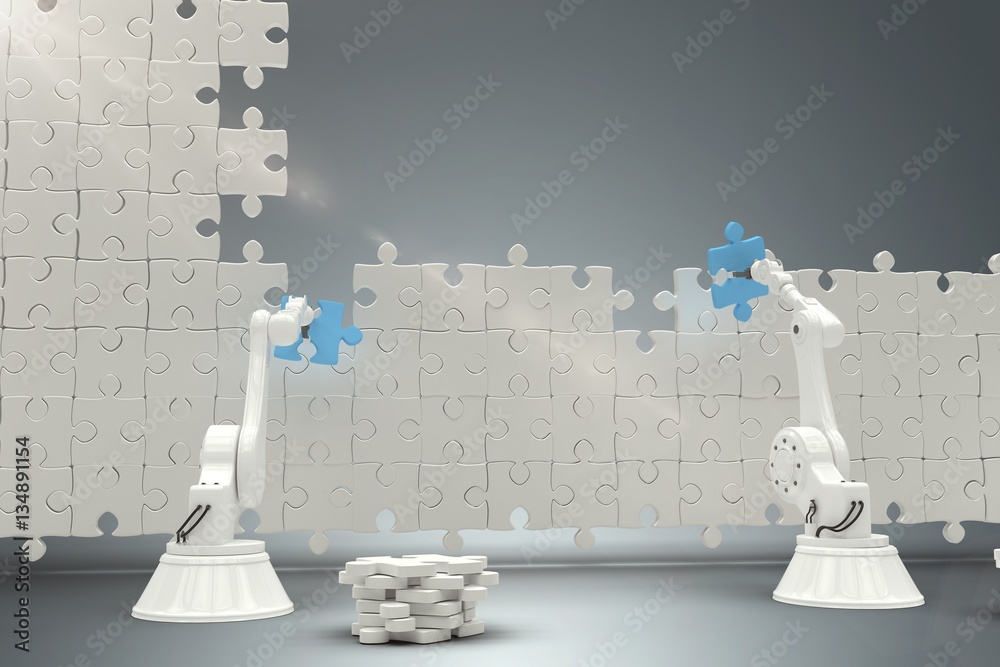 Poster composite image of robots arranging jigsaw pieces on puzzle 3d