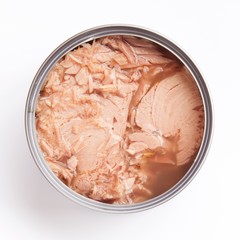 canned tuna isolated on white / Canned soy free albacore white meat tuna packed in water / open...