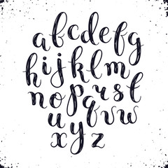 Handmade letters. Handwritten alphabet with watercolor spots on background. Hand drawn calligraphy. Modern inc typography.