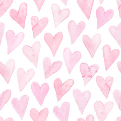 Watercolor hearts seamless background. Pink watercolor heart pattern. Colorful watercolor romantic texture.