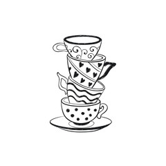 Tea cups pile symbol isolated on white background. Kitchen utensils outline in cartoon style.