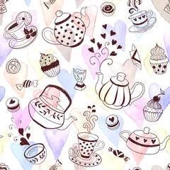 Fototapete Tee Nahtloses Muster der Teezeit. Teeparty-Hintergrunddesign. Handgezeichnete Doodle-Illustration mit Teekannen, Tassen und Süßigkeiten.