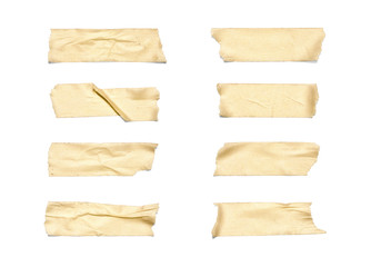 Masking Tape. Collection of various adhesive tape pieces on white background. Each one is shot...