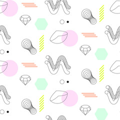 Spirals and sphere shapes seamless vector pattern. Abstract shapes, spheres, spirals and elements in eighties fashion style. Color lines on white.
