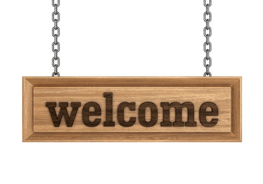 Welcome sign, hanging on chain isolated on white. 3D illustratio