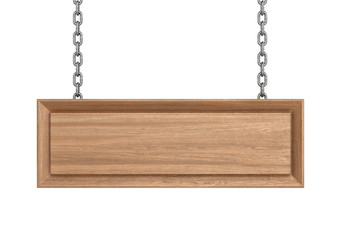 Blank Wooden Sign with hanging chains. 3D illustration