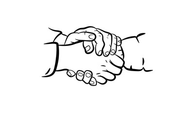 The handshake between two sides under patronage of the third side as symbol of global agreement.