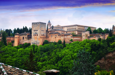 twilight view of   Nazaries palaces of Alhambra.  Granada