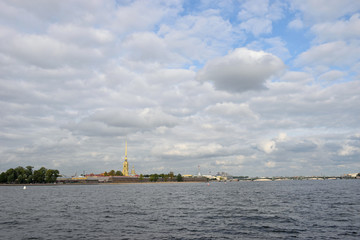 Fototapeta na wymiar Panorama of the Peter and Paul fortress on the Neva river under