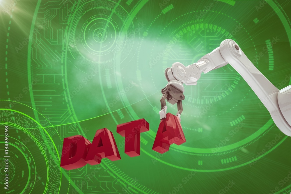 Poster composite image of robotic arm arranging data text 3d