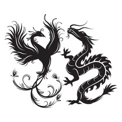  Silhouette of phoenix bird and dragon. Symbol of balance. Dragon that in such a combination would be a symbol of masculine Yang energy, while Phoenix - embody the feminine energy. - 134893110