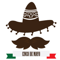 Isolated silhouette of a mexican hat and a mustache, Cinco de mayo vector illustration