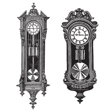 Vintage wall clocks, vector engraving set of two pieces