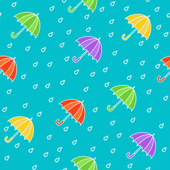 Rain and umbrellas. Seamless pattern. Colorful vector in doodle and cartoon style. 45 degrees