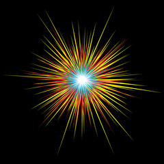 A flash of light and fire. Colorful explosion of light on a black background. White, yellow, red fire.