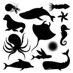 Obraz premium Silhouettes of fish and sea animals isolated black and white vector illustration minimal style
