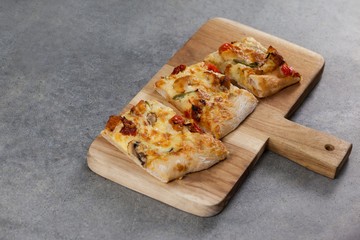 Delicious italian pizza served on grey background