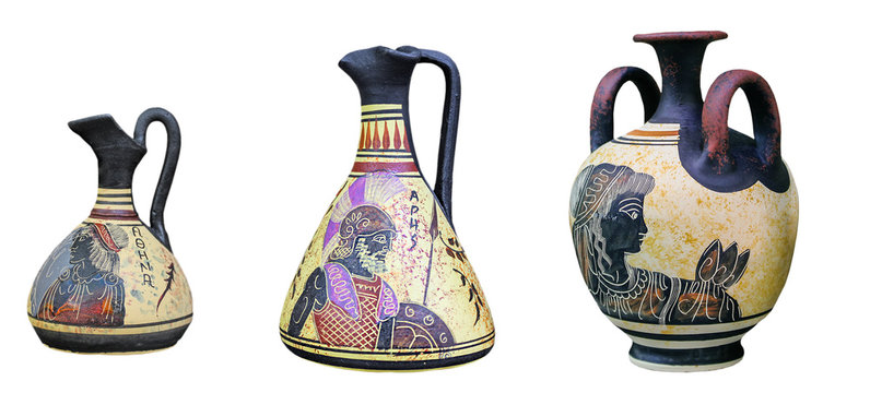 Set of Greek vases isolated on white background