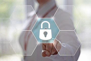 Business, finance, technology and internet concept - businesswoman presses lock button on virtual screen. Electronic business security. Businessman pressing cyber security button. Style of a hexagon.