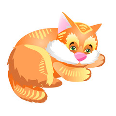Funny and cute red fluffy kitten resting.Illustration with pet l