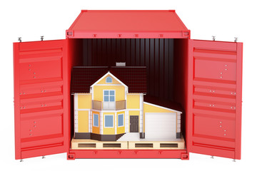 Household moving services concept. Cargo container with house, 3