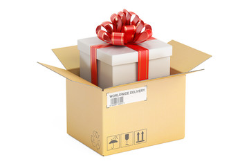 Opened parcel with gift box, gift delivery concept. 3D rendering