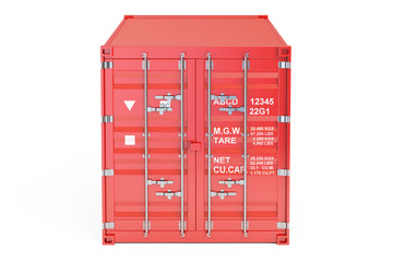 red cargo container, front view. 3D rendering