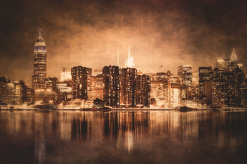 Vintage style New York City skyline of Manhattan with grunge texture