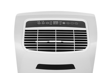 Studio closeup product shot of a portable air conditioner or mobile dehumidifier isolated on white background with copy space. Climate control equipment