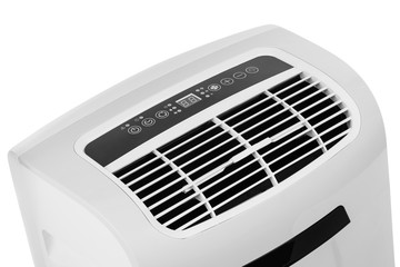 Studio closeup product shot of a portable air conditioner or mobile dehumidifier isolated on white background with copy space. Climate control equipment