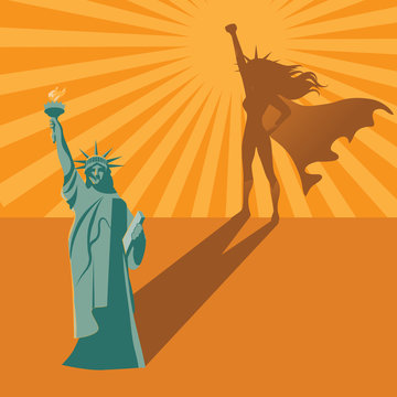 The Statue of Liberty with a super woman shadow. Strong feminist woman background template with burst. EPS 10 vector.