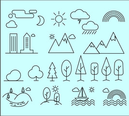 Landscape icons, thin line style, flat design Vector nature landscape items