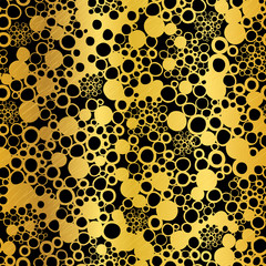 Vector Golden On Black Abstract Grunge Bubbles Foil Texture Seamless Pattern Background. Great for elegant gold fabric, cards, wedding invitations, wallpaper, floor, kitchen tile.