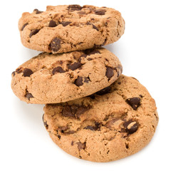 Three Chocolate chip cookies isolated on white background. Sweet