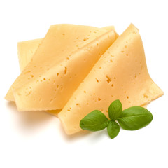 cheese slices and basil herb leaves isolated on white background