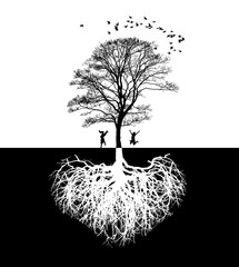 lovers under a tree silhouette full of energy, black and white