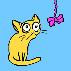 funny strange cartoon yellow cat sitting and looking vector illustration