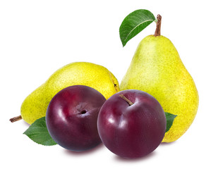 pear and plum isolated on white