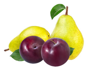 pear and plum isolated on white