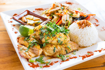 Traditional Balinese cuisine. Vegetable stir-fry, fish and rice.