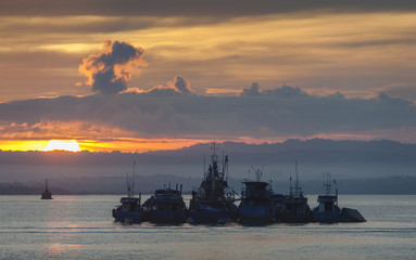 Working Boats Anchored in Sorong Harbor at Sunrise. Working harbor tugboats are silhouetted against the rising sun during a glorious sunrise. © LoweStock