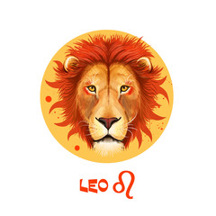 Creative digital illustration of astrological sign Leo. Fifth of twelve signs in zodiac. Horoscope fire element. Logo sign with lion head. Graphic design clip art for web and print. Add any text