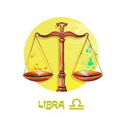 Creative digital illustration of astrological sign Libra. Seventh of twelve signs in zodiac. Horoscope air element. Logo sign with scales. Graphic design clip art for web and print. Add any text
